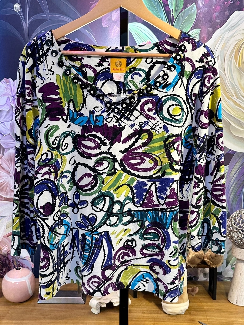 Ruby Rd. XL Top Abstract Print Cotton Spandex Stretch V-Neck 3/4 Sleeve